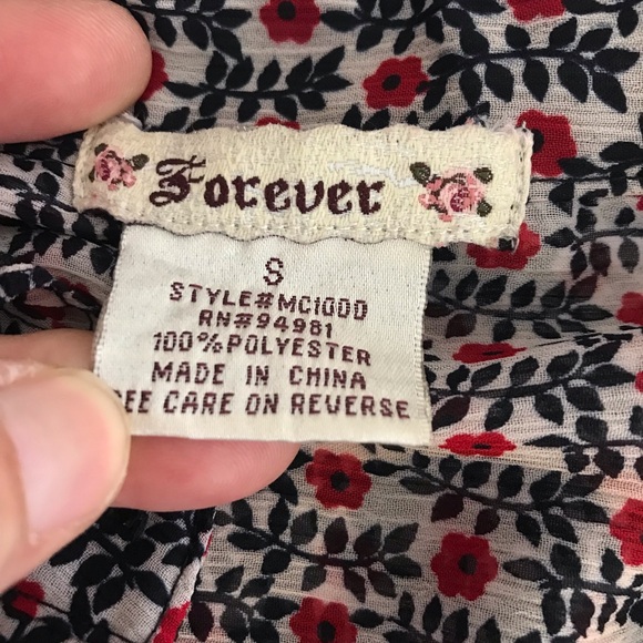 Forever Blouse Women's Size Smal Sheer Floral Long Sleeve Back Tie Blouse - Picture 8 of 9